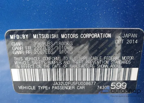 2015 Mitsubishi Lancer Es from USA, damaged, VIN JA32U2FU5FU008677